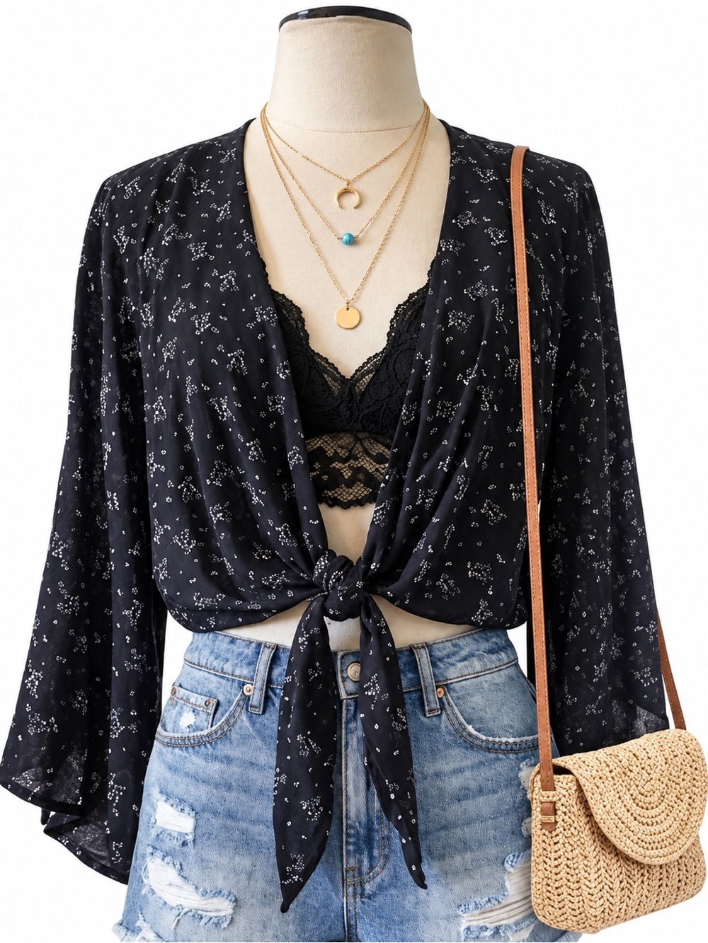 NEW Olivaceous Black Purple Floral Tie Front Bell Sleeve Crop Top Small Boho